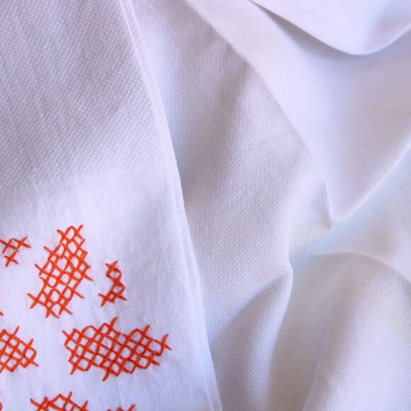 Vintage White Linen Damask Towels With Orange Cross Stitch, Set Of Hand Towel - Picture 7 of 13